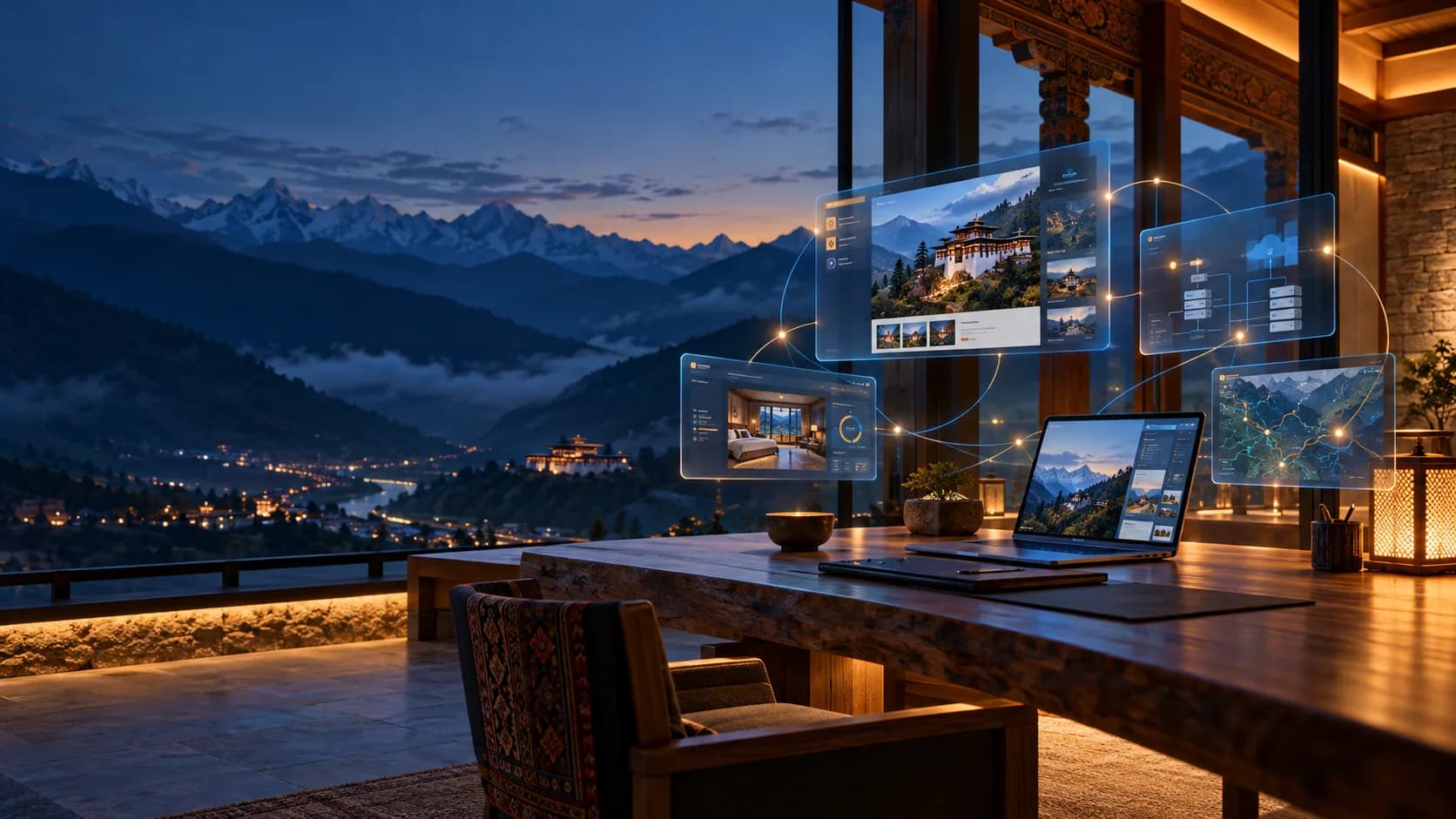 A Bhutan-inspired digital workspace overlooking the Himalayas